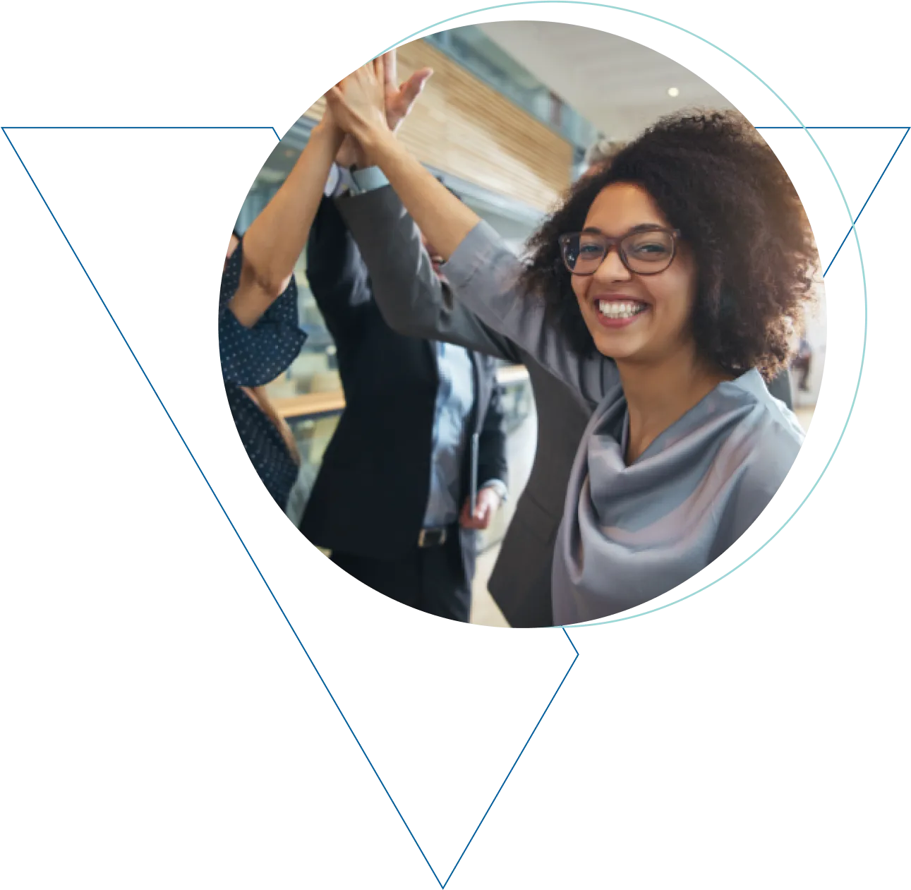 Smiling woman wearing glasses and high-fiving professional colleagues in an office.