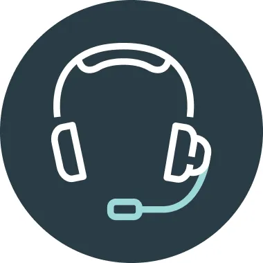 A gray circle icon of an outline of a white and blue headset representing a Verisign customer service agent.